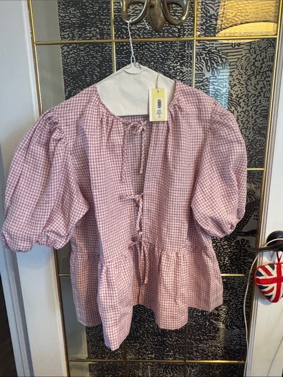Wilfred Tops - Aritzia Ladies  Pink Gingham Tie-Front Peplum Blouse